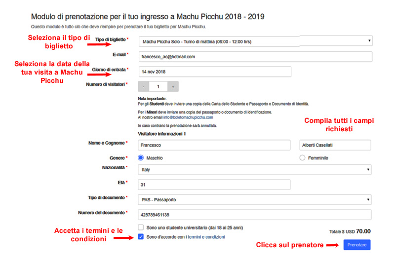 Modulo per prenotare Machu Picchu Machu Picchu modulo di prenotazione biglietti